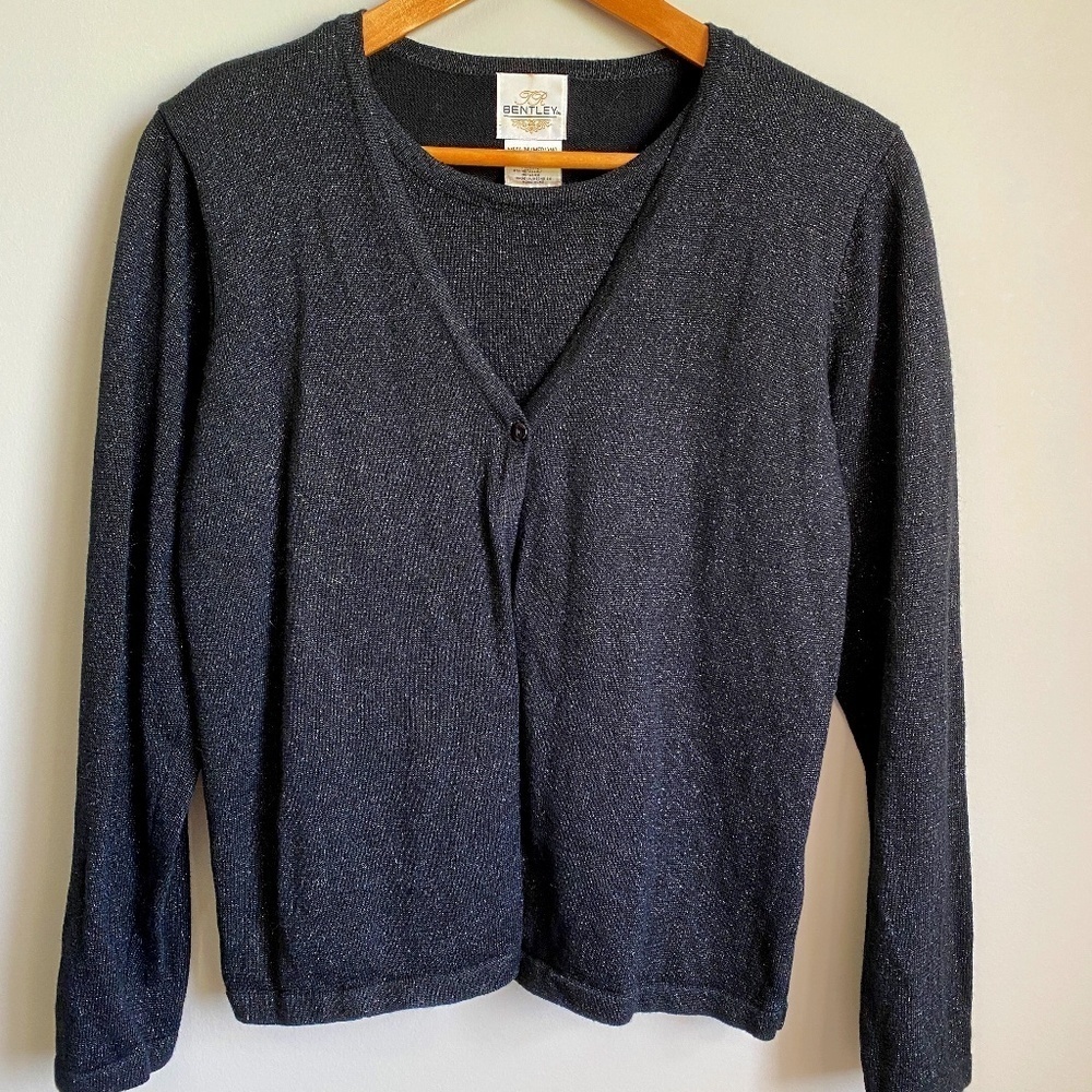 Bentley Vintage Womens Black Metallic‎ Single Button Sweater Cardigan Top Medium